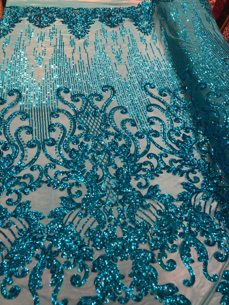 4 Way Stretch - Turquoise - Damask Net Design Sequins On Mesh Elegant Fashion Fabrics Sold By Yard