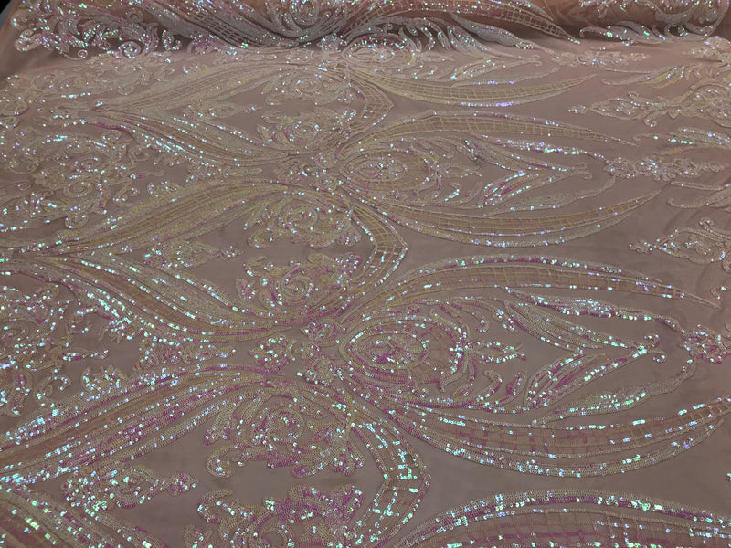 Big Damask Sequins Fabric - Iridescent Baby Pink - 4 Way Stretch Damask Sequins Design Fabric By Yard