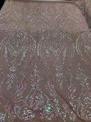 Big Damask Sequins Fabric - Iridescent Baby Pink - 4 Way Stretch Damask Sequins Design Fabric By Yard