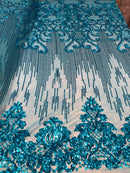 4 Way Stretch - Turquoise - Damask Net Design Sequins On Mesh Elegant Fashion Fabrics Sold By Yard