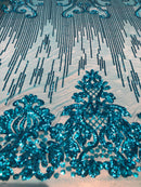 4 Way Stretch - Turquoise - Damask Net Design Sequins On Mesh Elegant Fashion Fabrics Sold By Yard