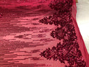 4 Way Stretch - Fuchsia Damask Net Design Sequins On Mesh Elegant Fashion Fabrics Sold By Yard