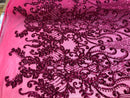 4 Way Stretch - Fuchsia Damask Net Design Sequins On Mesh Elegant Fashion Fabrics Sold By Yard