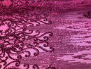 4 Way Stretch - Fuchsia Damask Net Design Sequins On Mesh Elegant Fashion Fabrics Sold By Yard