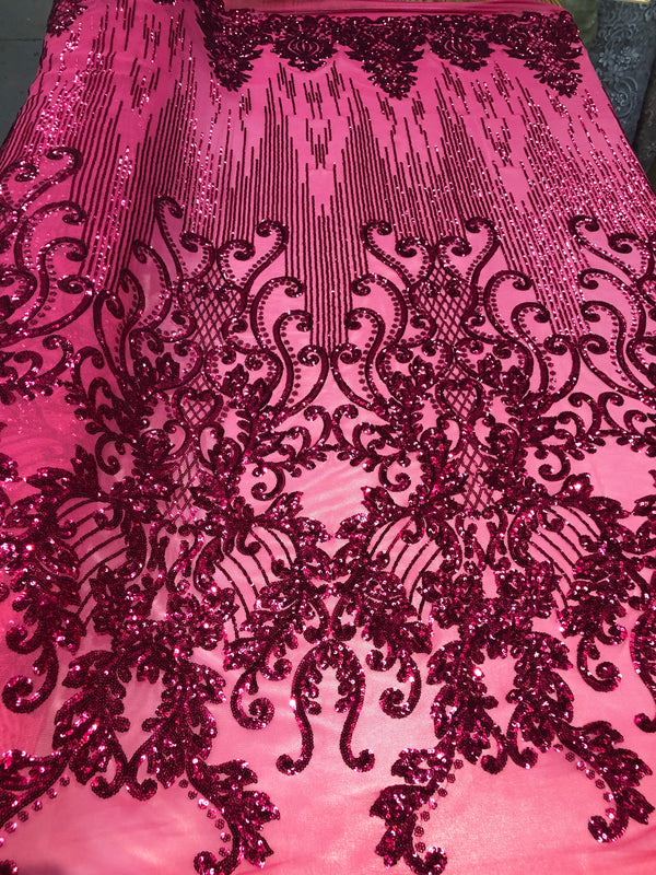 4 Way Stretch - Fuchsia Damask Net Design Sequins On Mesh Elegant Fashion Fabrics Sold By Yard