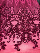 4 Way Stretch - Fuchsia Damask Net Design Sequins On Mesh Elegant Fashion Fabrics Sold By Yard