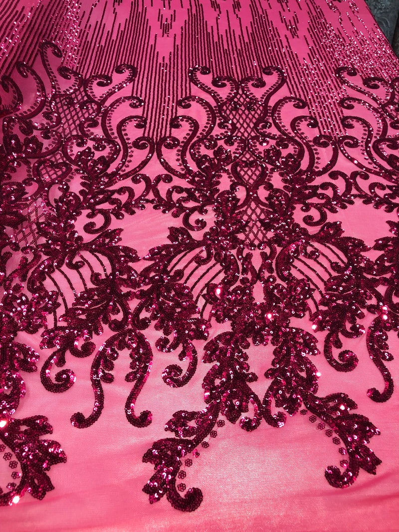 4 Way Stretch - Fuchsia Damask Net Design Sequins On Mesh Elegant Fashion Fabrics Sold By Yard