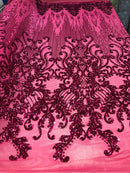 4 Way Stretch - Fuchsia Damask Net Design Sequins On Mesh Elegant Fashion Fabrics Sold By Yard