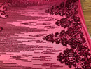 4 Way Stretch - Fuchsia Damask Net Design Sequins On Mesh Elegant Fashion Fabrics Sold By Yard