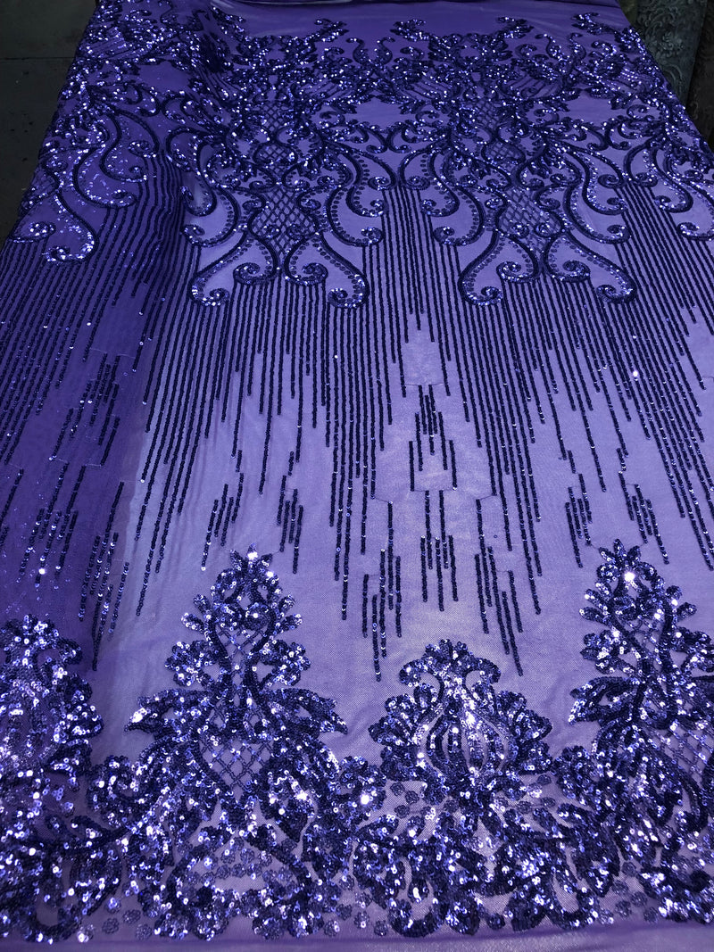 4 Way Stretch - Lilac - Damask Net Design Sequins On Mesh Elegant Fashion Fabrics Sold By Yard