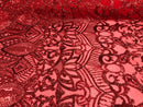 Hologram Red  - 4 Way Stretch Embroidered Royalty Sequins Design Fabric By Yard