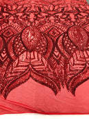 Hologram Red  - 4 Way Stretch Embroidered Royalty Sequins Design Fabric By Yard