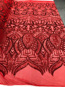 Hologram Red  - 4 Way Stretch Embroidered Royalty Sequins Design Fabric By Yard