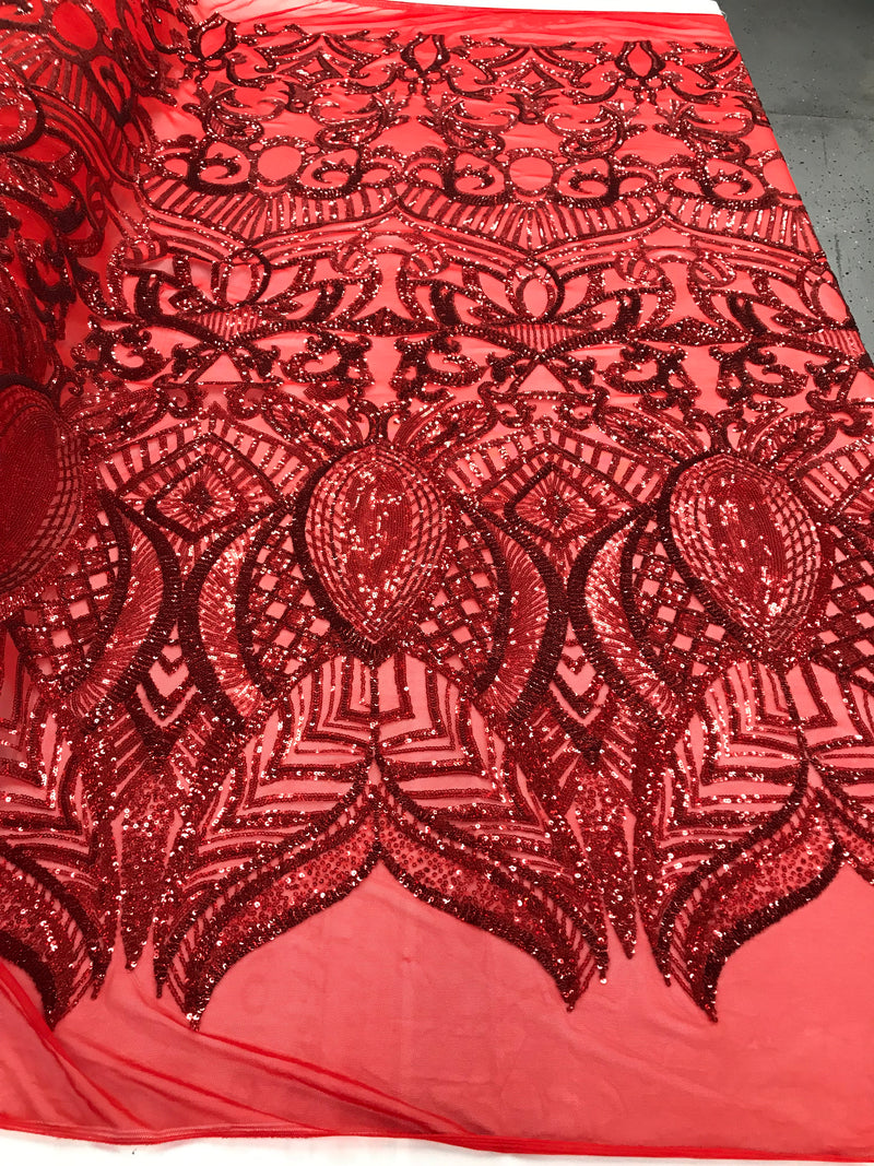 Hologram Red  - 4 Way Stretch Embroidered Royalty Sequins Design Fabric By Yard