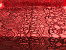 Hologram Red  - 4 Way Stretch Embroidered Royalty Sequins Design Fabric By Yard