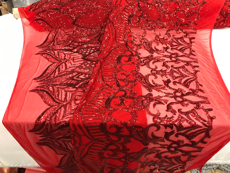 Hologram Red  - 4 Way Stretch Embroidered Royalty Sequins Design Fabric By Yard
