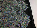 Hologram Silver / Black Mesh  - 4 Way Stretch Embroidered Royalty Sequins Design Fabric By Yard