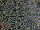 Hologram Silver / Black Mesh  - 4 Way Stretch Embroidered Royalty Sequins Design Fabric By Yard