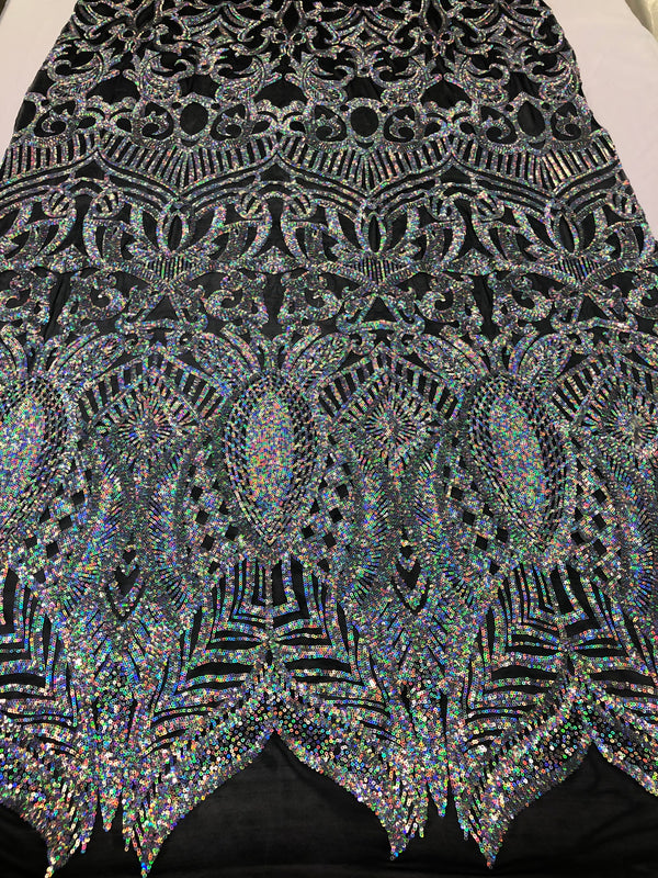 Hologram Silver / Black Mesh  - 4 Way Stretch Embroidered Royalty Sequins Design Fabric By Yard