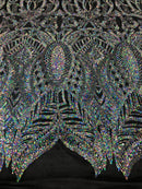 Hologram Silver / Black Mesh  - 4 Way Stretch Embroidered Royalty Sequins Design Fabric By Yard