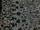 Hologram Silver / Black Mesh  - 4 Way Stretch Embroidered Royalty Sequins Design Fabric By Yard