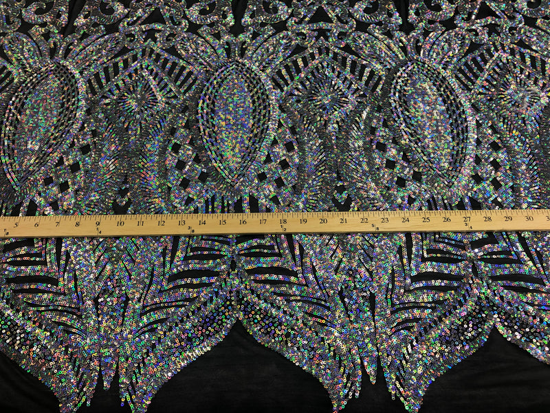 Hologram Silver / Black Mesh  - 4 Way Stretch Embroidered Royalty Sequins Design Fabric By Yard