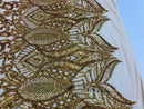 Hologram Gold - 4 Way Stretch Embroidered Royalty Sequins Fancy Design Fabric By Yard