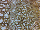 Hologram Gold - 4 Way Stretch Embroidered Royalty Sequins Fancy Design Fabric By Yard
