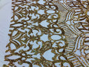 Hologram Gold - 4 Way Stretch Embroidered Royalty Sequins Fancy Design Fabric By Yard