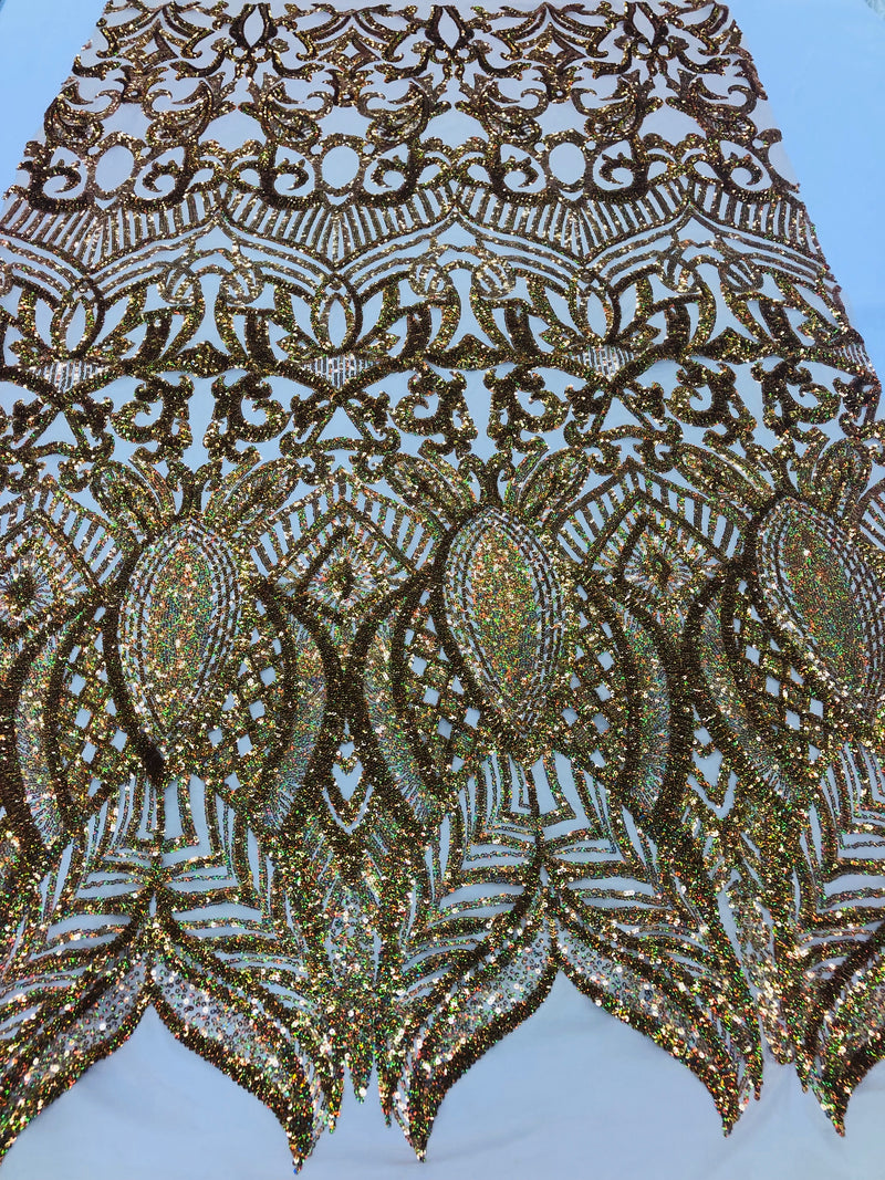 Hologram Gold - 4 Way Stretch Embroidered Royalty Sequins Fancy Design Fabric By Yard
