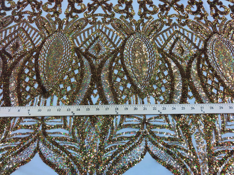 Hologram Gold - 4 Way Stretch Embroidered Royalty Sequins Fancy Design Fabric By Yard