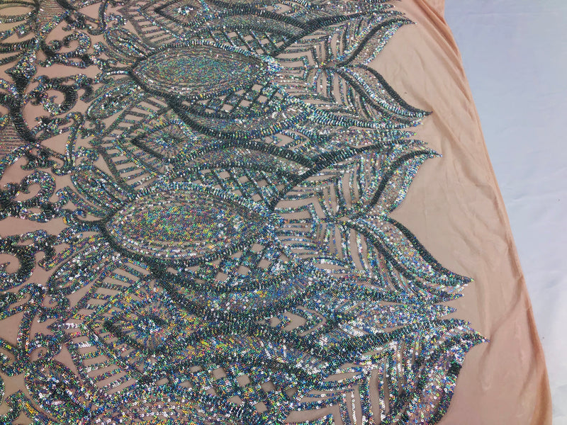 Hologram Silver / Blush Mesh - 4 Way Stretch Embroidered Royalty Sequins Fancy Design Fabric By Yard