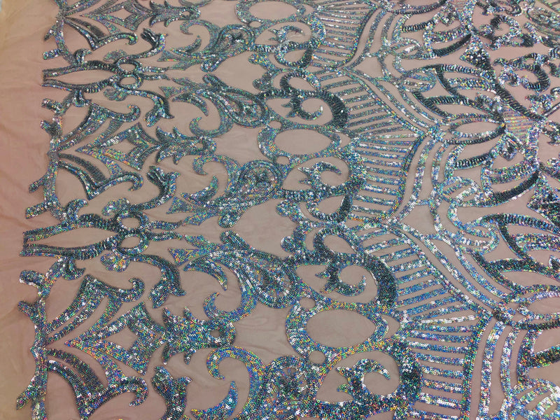 Hologram Silver / Blush Mesh - 4 Way Stretch Embroidered Royalty Sequins Fancy Design Fabric By Yard