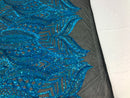 Hologram Turquoise - 4 Way Stretch Embroidered Royalty Sequins Fancy Design Fabric By Yard