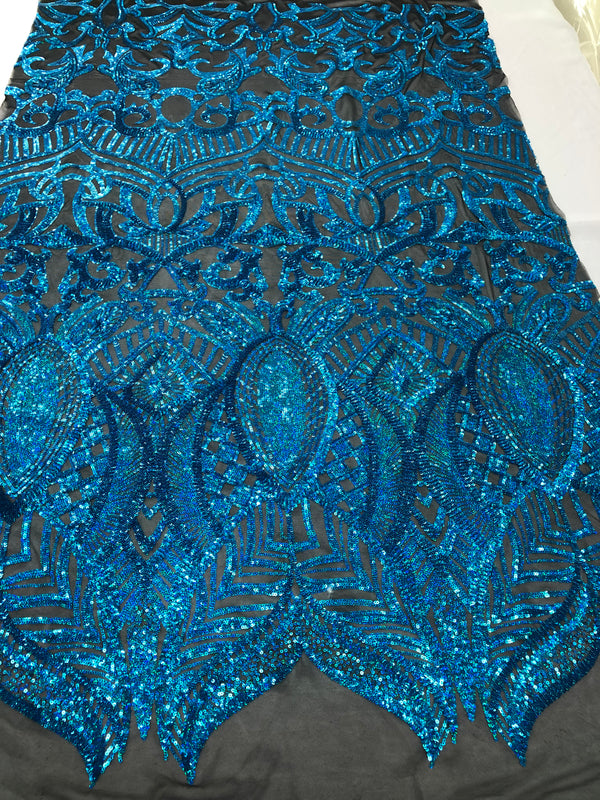 Hologram Turquoise - 4 Way Stretch Embroidered Royalty Sequins Fancy Design Fabric By Yard