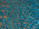 Hologram Turquoise - 4 Way Stretch Embroidered Royalty Sequins Fancy Design Fabric By Yard