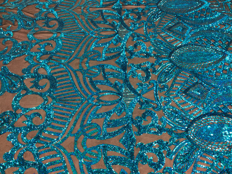 Hologram Turquoise - 4 Way Stretch Embroidered Royalty Sequins Fancy Design Fabric By Yard