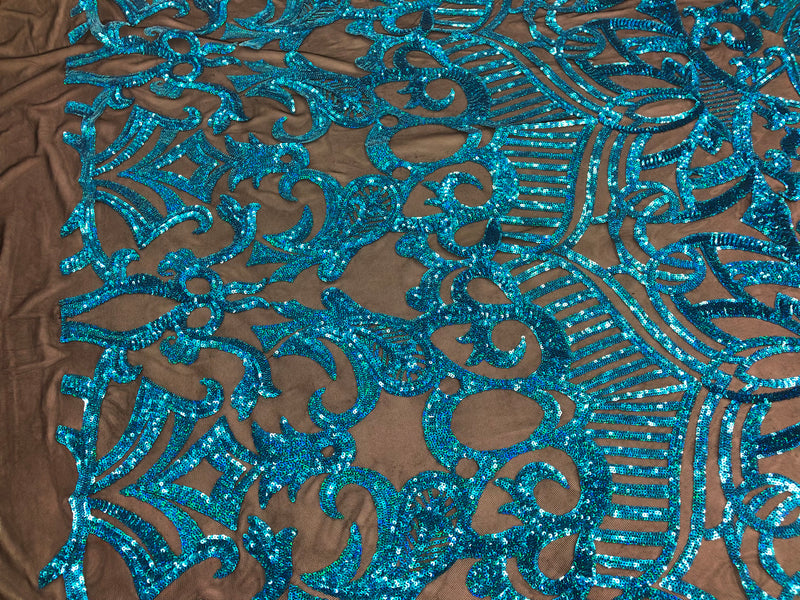 Hologram Turquoise - 4 Way Stretch Embroidered Royalty Sequins Fancy Design Fabric By Yard