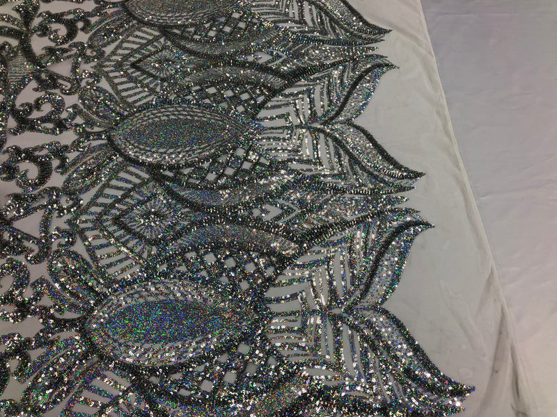 Hologram Silver / White Mesh - 4 Way Stretch Embroidered Royalty Sequins Fancy Design Fabric By Yard