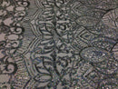 Hologram Silver / White Mesh - 4 Way Stretch Embroidered Royalty Sequins Fancy Design Fabric By Yard