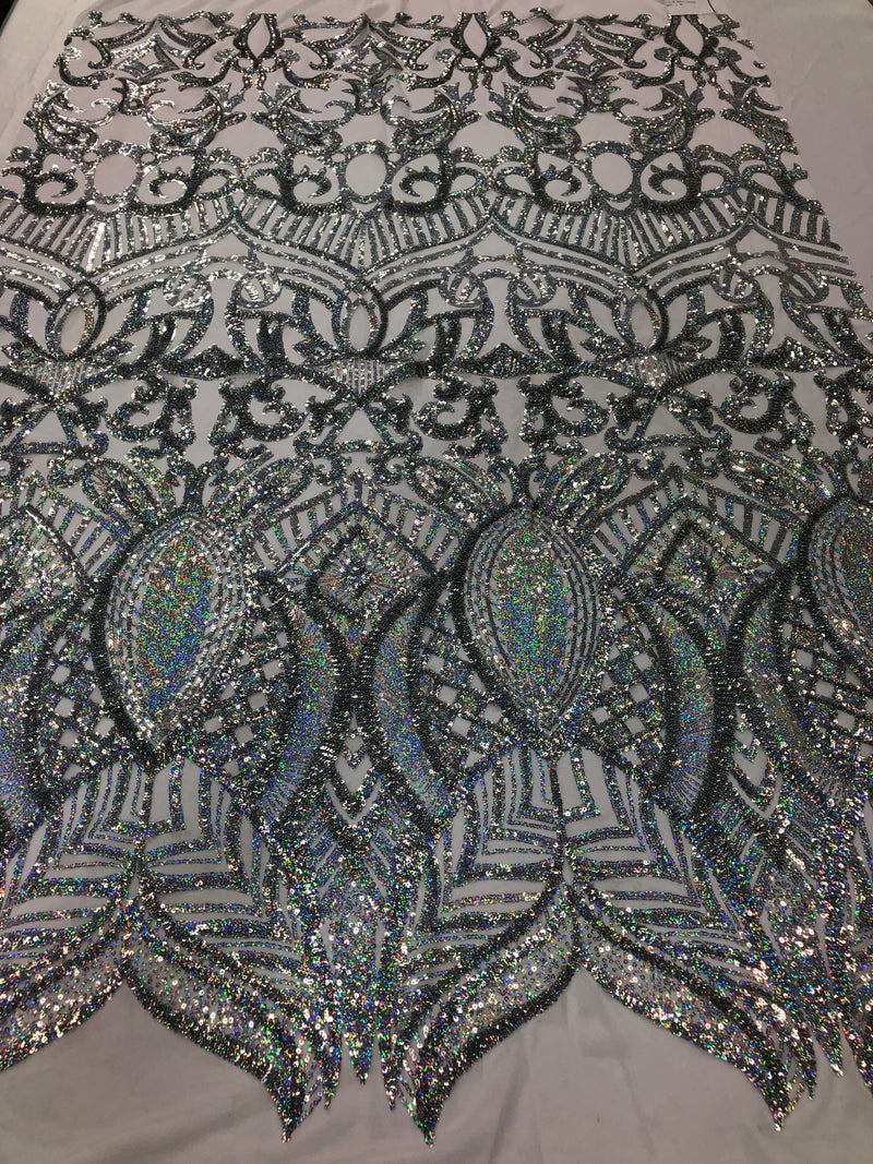 Hologram Silver / White Mesh - 4 Way Stretch Embroidered Royalty Sequins Fancy Design Fabric By Yard