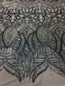 Hologram Silver / White Mesh - 4 Way Stretch Embroidered Royalty Sequins Fancy Design Fabric By Yard