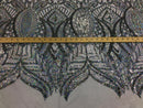 Hologram Silver / White Mesh - 4 Way Stretch Embroidered Royalty Sequins Fancy Design Fabric By Yard
