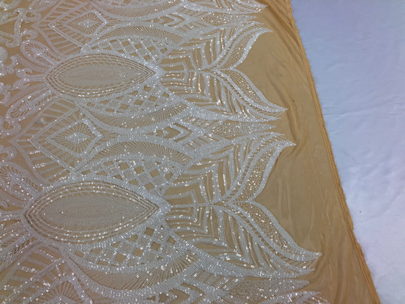 White / Nude Mesh - 4 Way Stretch Embroidered Royalty Sequins Fancy Design Fabric By Yard