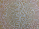 White / Nude Mesh - 4 Way Stretch Embroidered Royalty Sequins Fancy Design Fabric By Yard