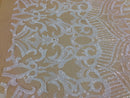 White / Nude Mesh - 4 Way Stretch Embroidered Royalty Sequins Fancy Design Fabric By Yard