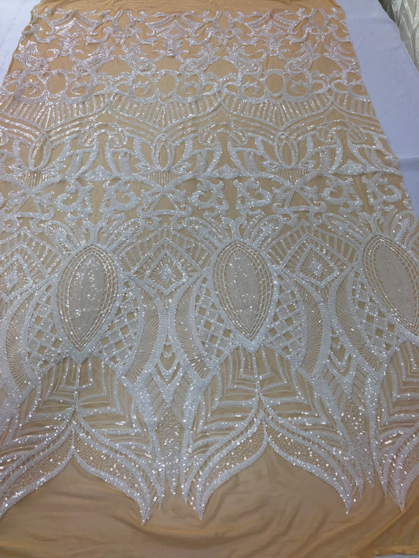 White / Nude Mesh - 4 Way Stretch Embroidered Royalty Sequins Fancy Design Fabric By Yard