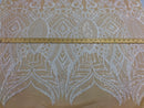 White / Nude Mesh - 4 Way Stretch Embroidered Royalty Sequins Fancy Design Fabric By Yard
