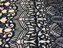 Hologram Navy / Beige Mesh - 4 Way Stretch Embroidered Royalty Sequins Fancy Design Fabric By Yard