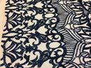 Hologram Navy / Beige Mesh - 4 Way Stretch Embroidered Royalty Sequins Fancy Design Fabric By Yard